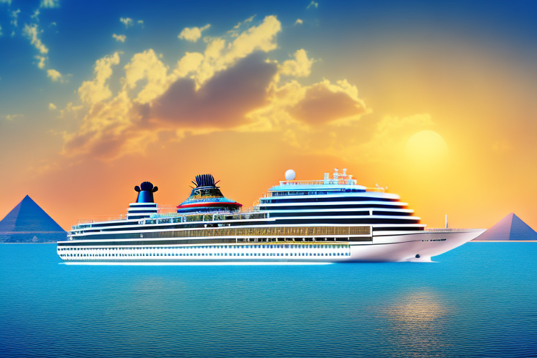 a luxurious cruise ship sailing on the Nile River with iconic Egyptian landmarks like pyramids and Sphinx in the background, under a golden sunset, hand-drawn abstract illustration for a company blog, in style of corporate memphis, faded colors, white background, professional, minimalist, clean lines