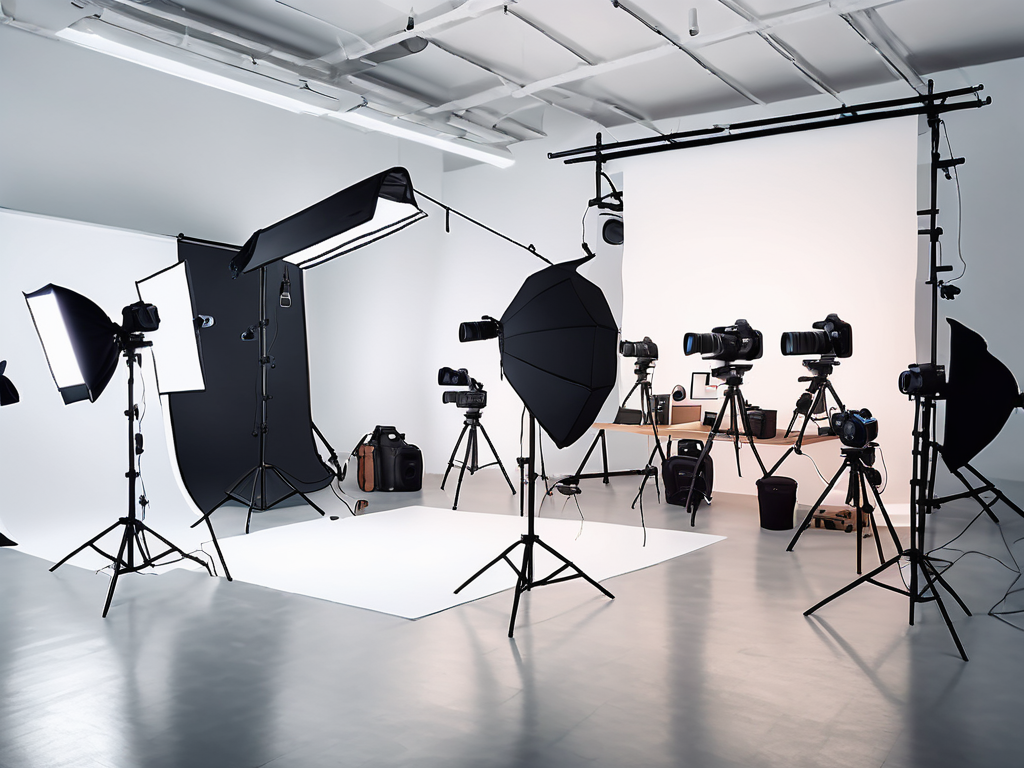 a photography studio setup with various photography equipment like cameras, lights, and backdrops, with a digital CRM interface floating above it, symbolizing the solutions it provides to the challenges in the studio, hand-drawn abstract illustration for a company blog, white background, professional, minimalist, clean lines, faded colors