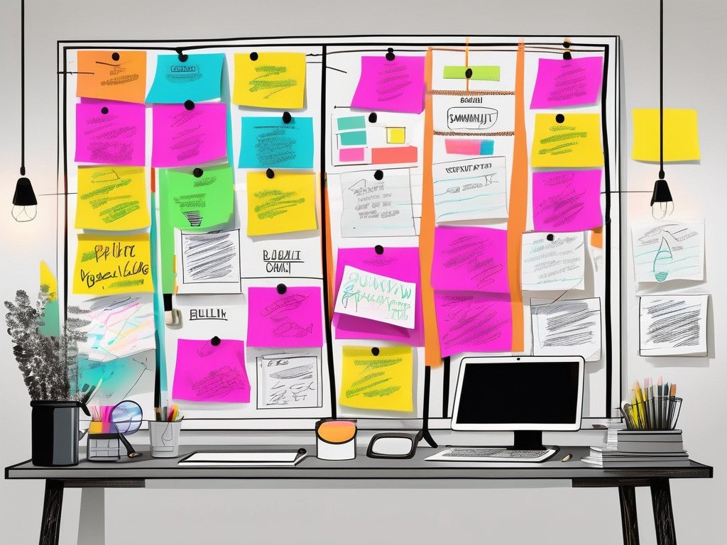 a vibrant community bulletin board filled with various colorful sticky notes, magnifying glasses hovering over some notes, and arrows leading from the board to a bright light bulb, symbolizing new leads, hand-drawn abstract illustration for a company blog, white background, professional, minimalist, clean lines, black and white