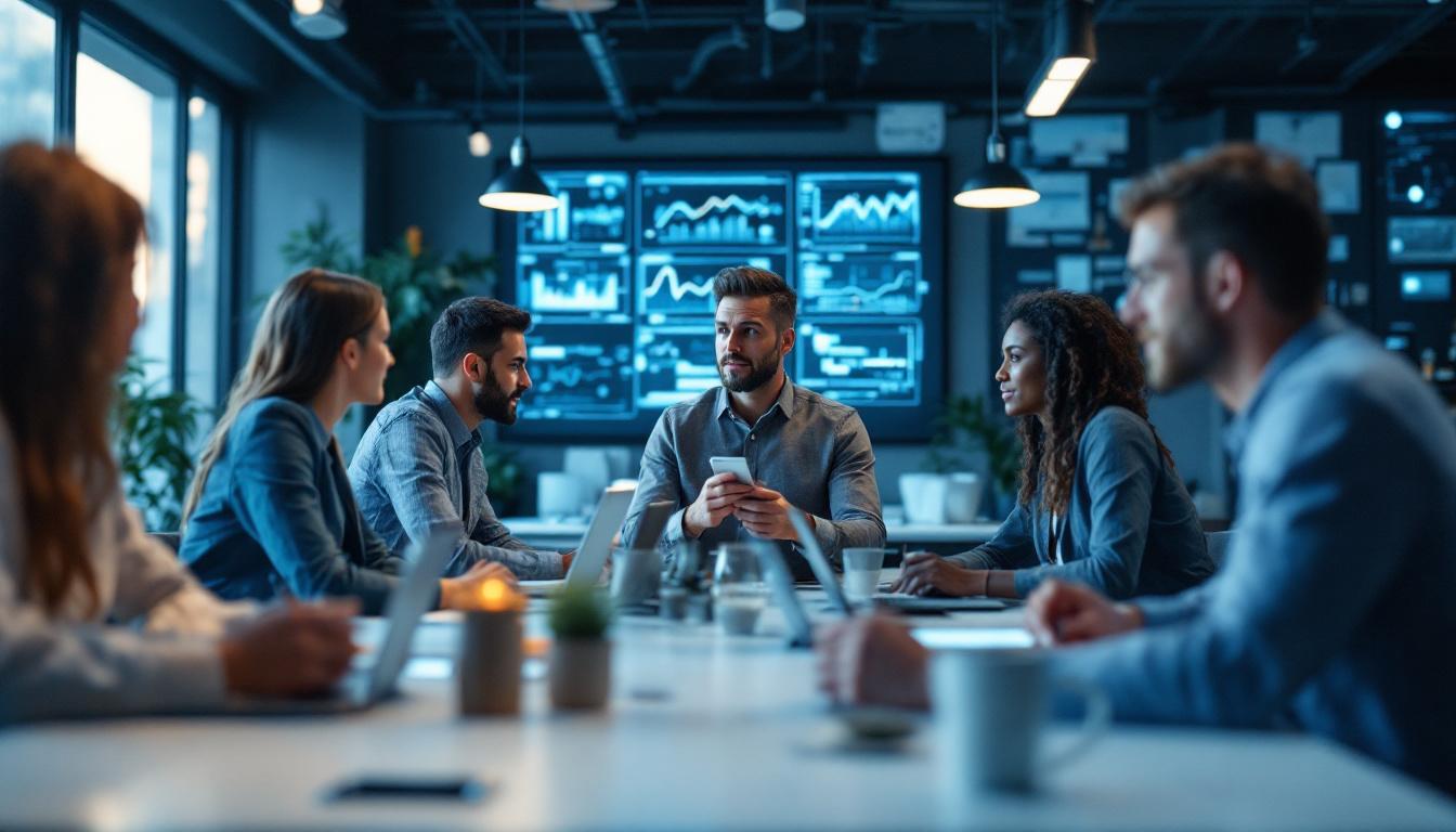 Bedriftsteam analyserer data og diskuterer AI-strategi og digital transformasjon