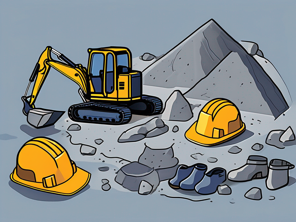 various excavation tools like a shovel, hard hat, safety goggles, high visibility vest, and safety boots, all arranged around a partially excavated site, emphasizing the importance of safety during excavation work, hand-drawn abstract illustration for a company blog, white background, professional, minimalist, clean lines, light navy blue and gray