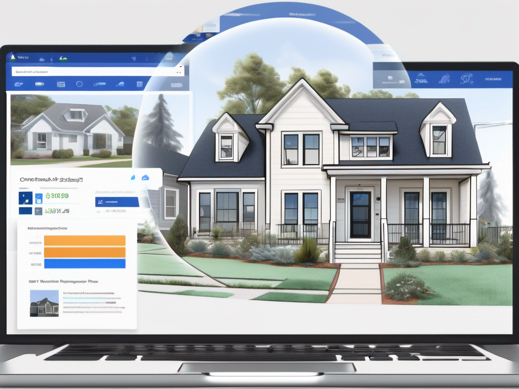 a computer screen displaying a Zillow property listing with various tools like a 3D virtual tour option and an offer management system, surrounded by a variety of real estate symbols such as keys, a for-sale sign, and a house, hand-drawn abstract illustration for a company blog, white background, professional, minimalist, clean lines, faded colors