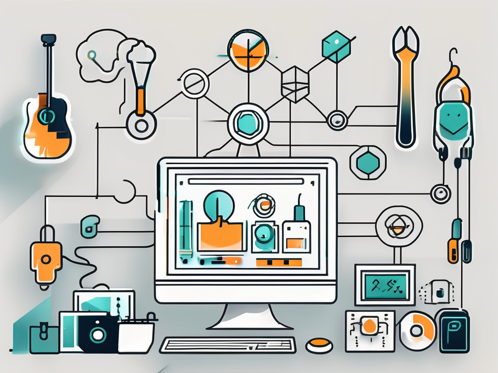 a collection of 20 different digital tools, symbolized by various tech-related icons, all interconnected and hovering over a stylized, abstract image of a Shopify store, hand-drawn abstract illustration for a company blog, white background, professional, minimalist, clean lines, faded colors