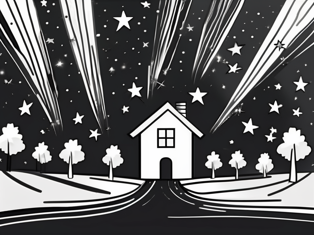 a sparkling clean house with a trail of shining stars leading towards it, symbolizing a successful referral program, hand-drawn abstract illustration for a company blog, white background, professional, minimalist, clean lines, black and white