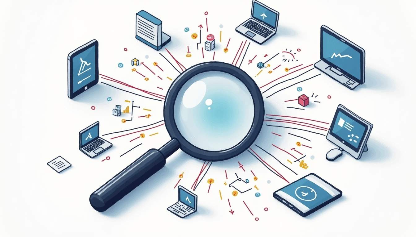 Draw an illustration of a complex network of interconnected digital devices and shadowy magnifying glasses highlighting hidden data streams, symbolizing the intricate nature of advanced fraud and theft investigations, hand-drawn abstract illustration for a company blog, white background, professional, minimalist, clean lines, faded colors