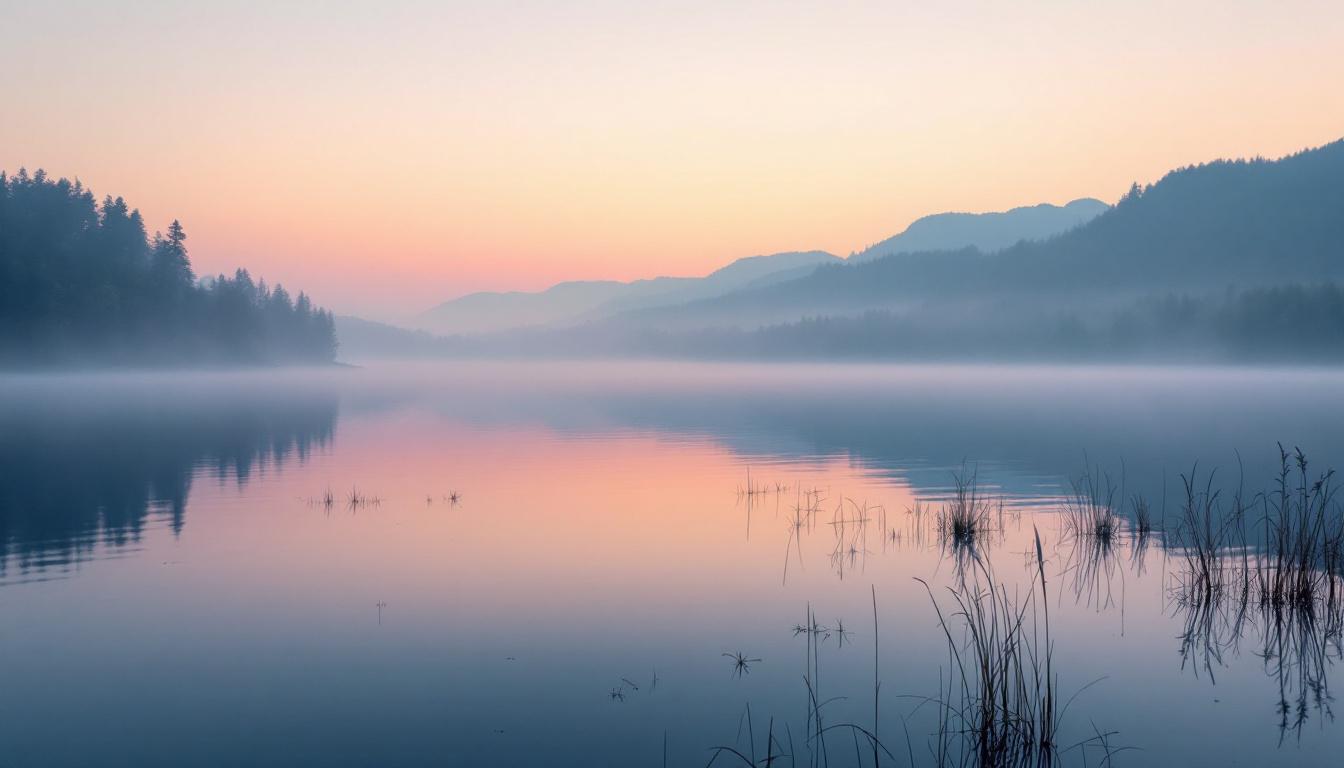 Rolig innsjø i soloppgang med tåke over vannet og silhuetter av trær og fjell i bakgrunnen – et harmonisk og profesjonelt uttrykk som gir assosiasjoner til trygghet og stabilitet for bedrifter til salgs.