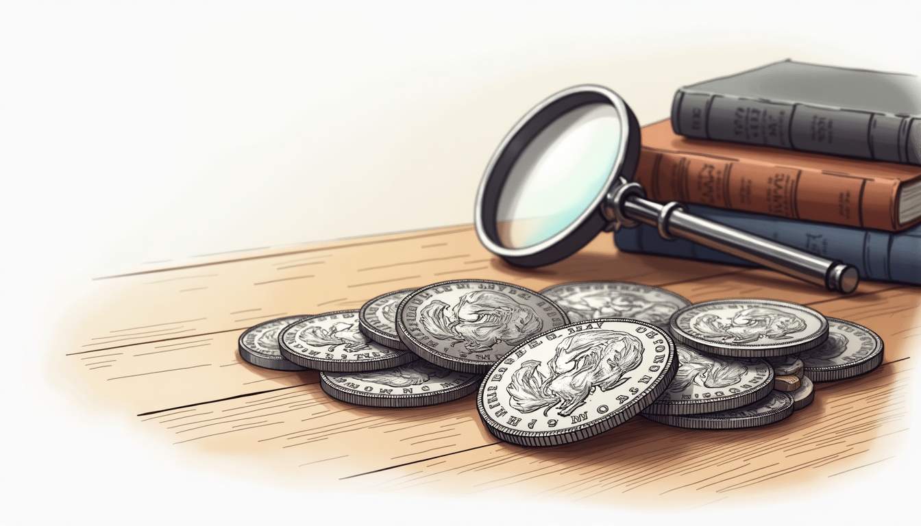 Brief: Draw an illustration of a fanned arrangement of several Morgan silver dollars resting on an aged wooden table, with one coin flipped to show its distinctive eagle reverse and another tilted to catch glints of light that highlight their worn but detailed surfaces, alongside a soft-focus magnifying glass, a few archival coin holders, and a subtle stack of old numismatic reference books in the background, hand-drawn abstract illustration for a company blog, white background, professional, minimalist, clean lines, faded colors