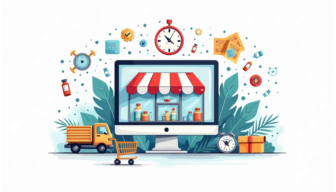 an online pharmacy storefront with a computer screen displaying a variety of medication bottles and packages, surrounded by symbols of convenience like a shopping cart, a delivery truck, and a clock to emphasize the ease and speed of online shopping, hand-drawn abstract illustration for a company blog, white background, professional, minimalist, clean lines, faded colors