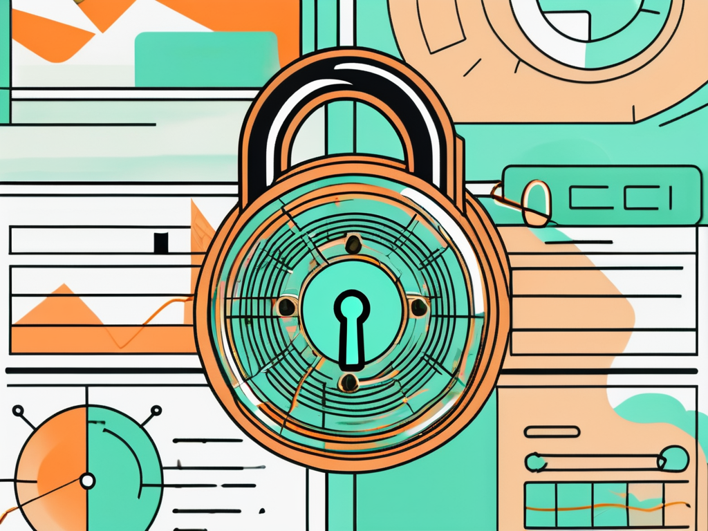 a computer screen showing a Google Sheets document with a padlock symbol overlaying it, implying the sheet is locked with a password, hand-drawn abstract illustration for a company blog, white background, professional, minimalist, clean lines, pastel orange and turquoise