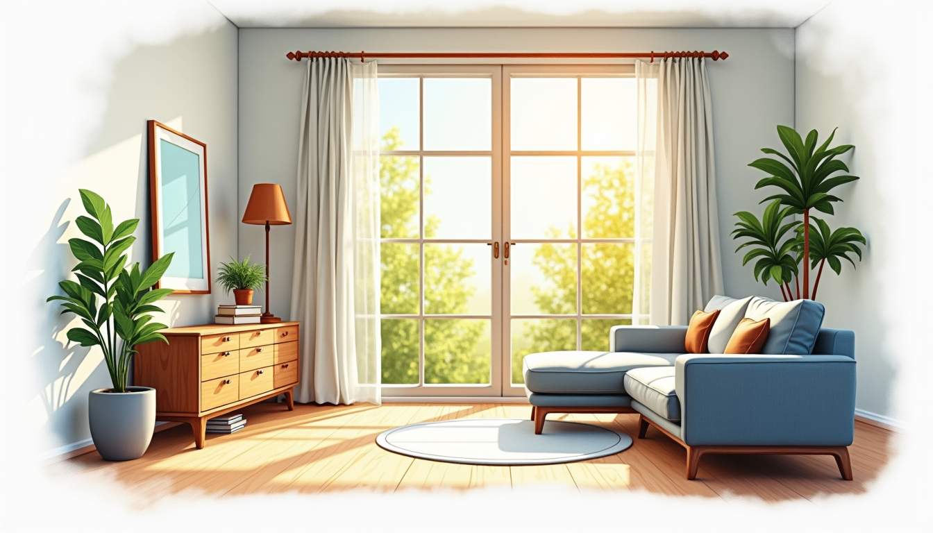 a cozy home with sunlight streaming through windows covered in residential window films, showcasing the contrast between the bright exterior and the cool, comfortable interior, while incorporating elements like energy-efficient appliances and a visible reduction in energy bills, hand-drawn abstract illustration for a company blog, white background, professional, minimalist, clean lines, faded colors