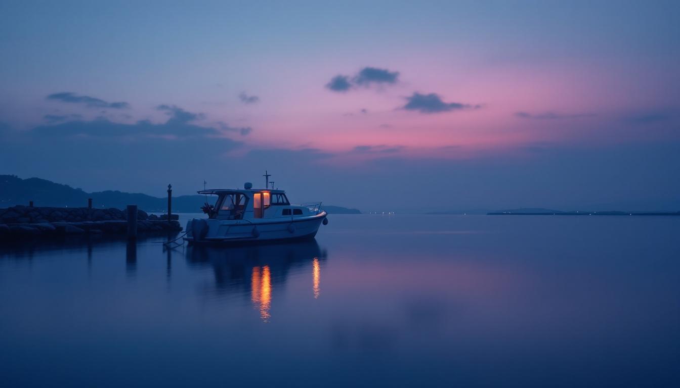A small boat anchored near a calm harbor at dusk, with soft pink and blue colors reflected on the still water.