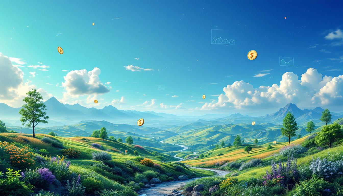 Landskap med vekst og flytende verdier som symboliserer verdiskaping og langsiktig potensial i verdivurdering.