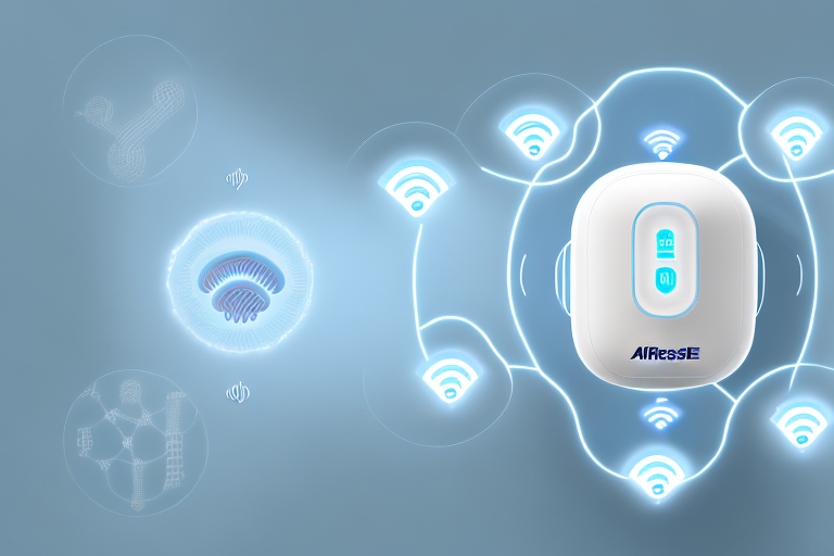 the ResMed AirSense 10 device, showcasing various smart technology features like Wi-Fi connectivity, automatic adjustments, and data tracking, all embedded in a modern home environment, hand-drawn abstract illustration for a company blog, in style of corporate memphis, faded colors, white background, professional, minimalist, clean lines