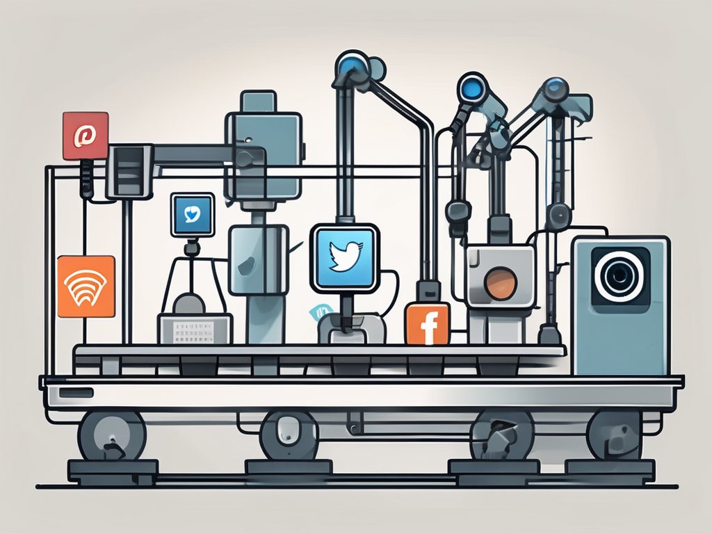 various social media icons like Instagram, Facebook, and Twitter being processed through a machine or conveyor belt, symbolizing automation in social media marketing, hand-drawn abstract illustration for a company blog, white background, professional, minimalist, clean lines, faded colors