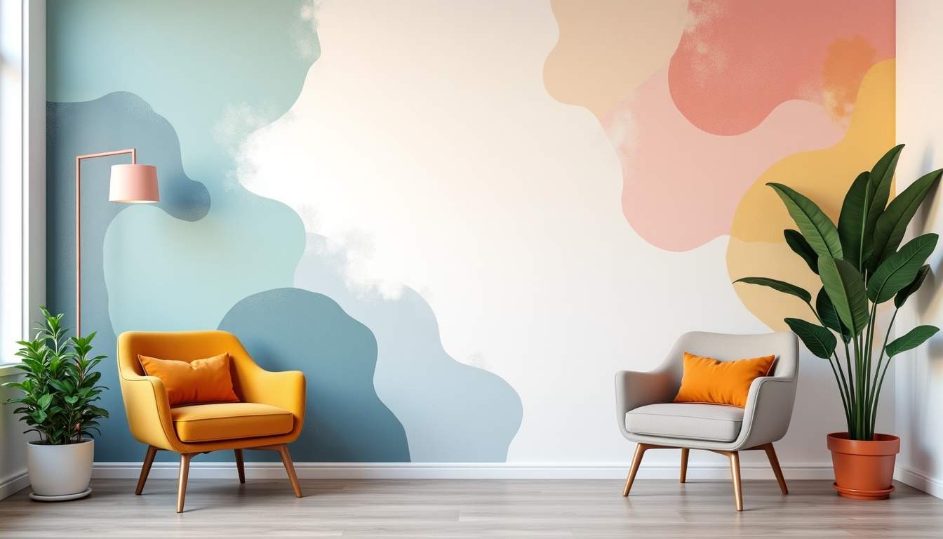 a beautifully designed feature wall showcasing a variety of painting techniques and finishes, such as geometric patterns, ombre effects, and textured surfaces, surrounded by complementary decor elements like plants and furniture to enhance the overall aesthetic, hand-drawn abstract illustration for a company blog, white background, professional, minimalist, clean lines, faded colors