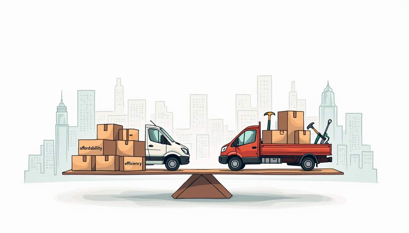 an abstract representation of a moving truck balancing on a scale, with one side filled with boxes labeled 