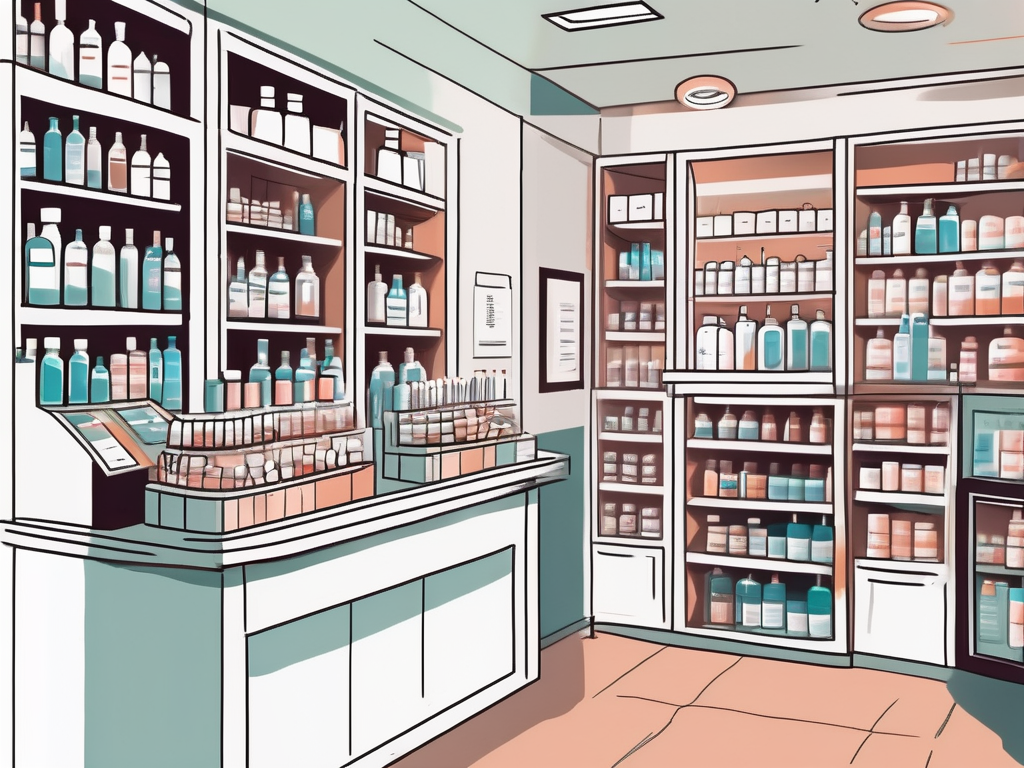a pharmacy counter with various medications, a counseling booth, and educational materials like brochures and charts, symbolizing the role of pharmacists in medication counseling and education, hand-drawn abstract illustration for a company blog, white background, professional, minimalist, clean lines, faded colors