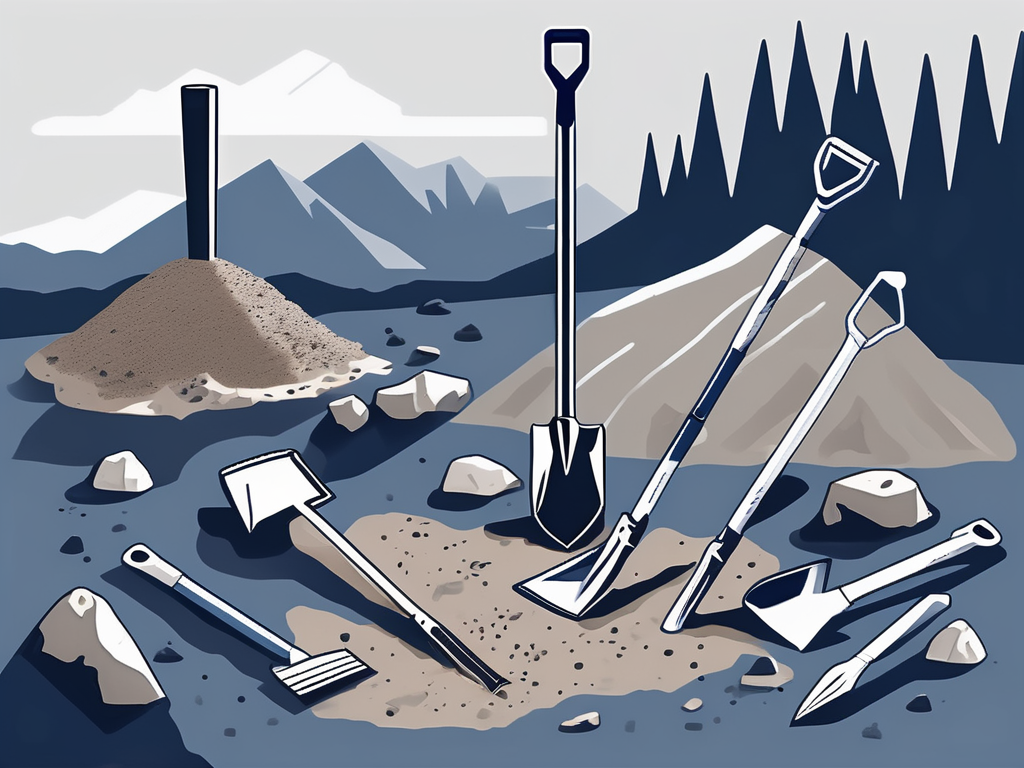 various excavation tools like a shovel, pickaxe, and metal detector, placed against a backdrop of a dig site with layers of soil and unearthed relics, hand-drawn abstract illustration for a company blog, white background, professional, minimalist, clean lines, light navy blue and gray