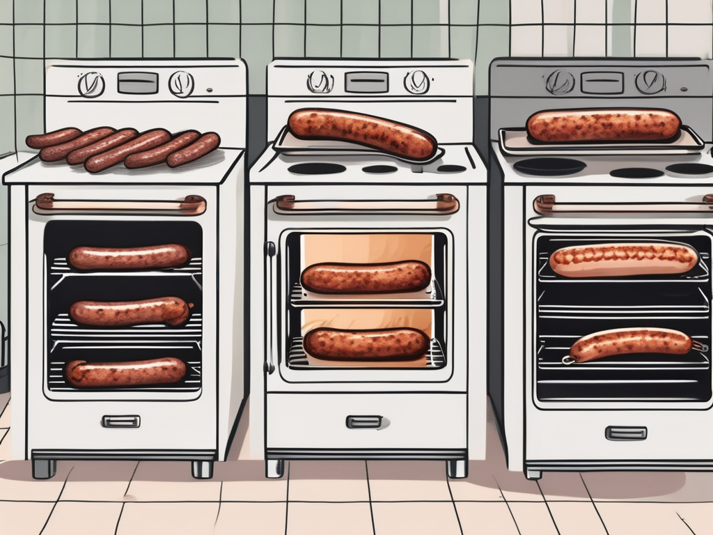 five different stages of sausage links being cooked in an oven, from raw to perfectly cooked, placed on a baking tray with an oven in the background, hand-drawn abstract illustration for a company blog, white background, professional, minimalist, clean lines, faded colors