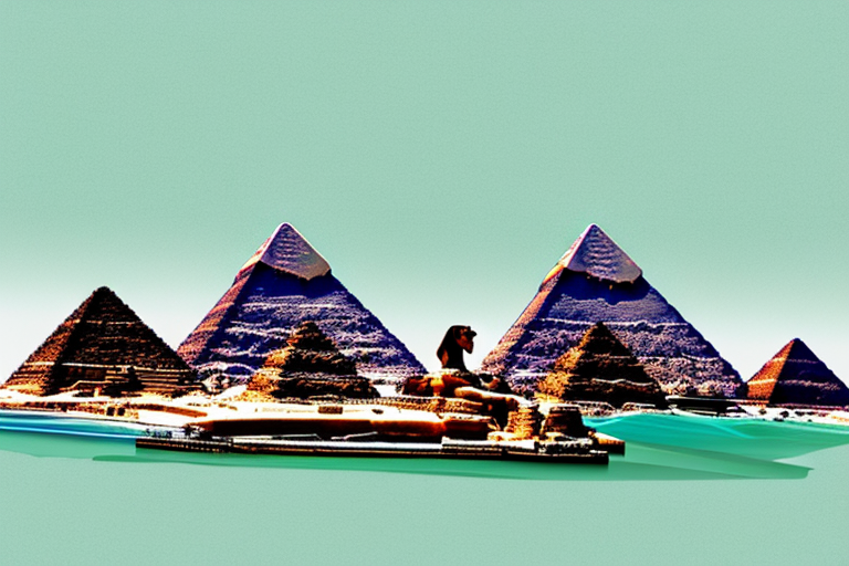 iconic Egyptian landmarks like the Pyramids of Giza, the Sphinx, and the Nile River, with elements of travel like a compass, map, and suitcase, to convey the concept of planning and touring Egypt, hand-drawn abstract illustration for a company blog, in style of corporate memphis, faded colors, white background, professional, minimalist, clean lines
