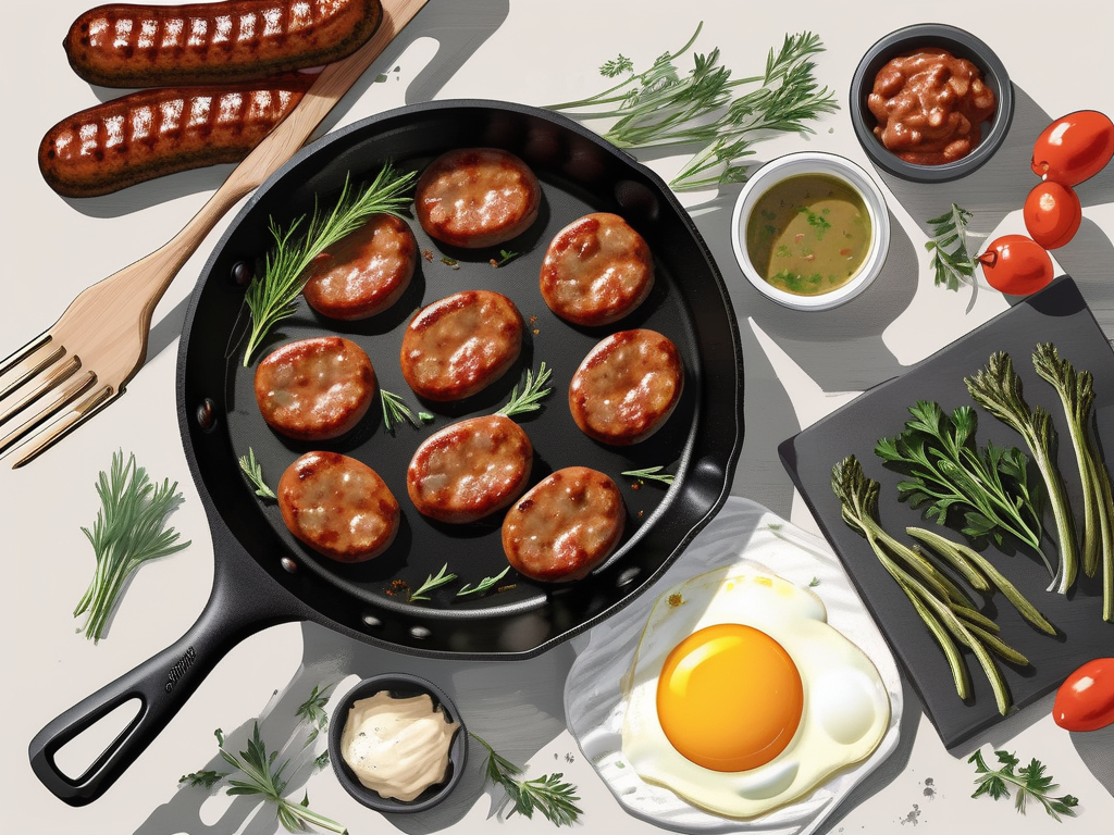 a skillet on a stove, filled with sizzling Esposito's breakfast sausage links, surrounded by ingredients like eggs, herbs, and a spatula, hand-drawn abstract illustration for a company blog, white background, professional, minimalist, clean lines, faded colors