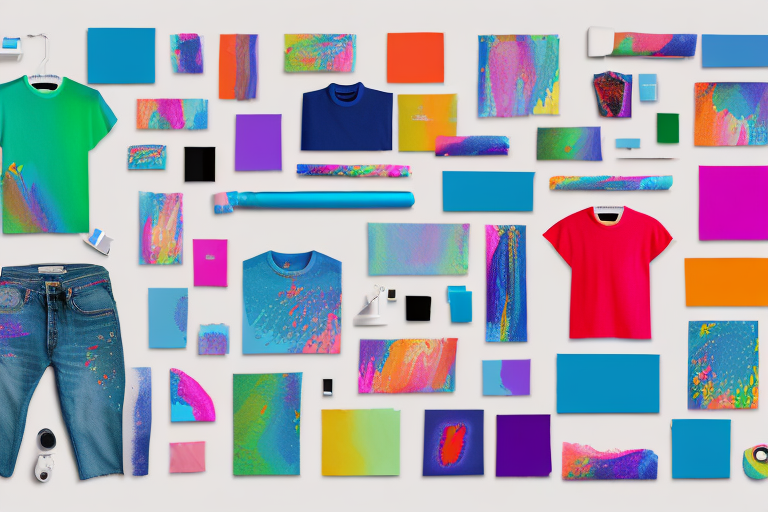 a variety of brightly colored clothing items, such as t-shirts and hoodies, displayed on hangers, with a high-quality printer and ink cartridges nearby, to represent the process of achieving vibrant and long-lasting prints on apparel, hand-drawn abstract illustration for a company blog, in style of corporate memphis, faded colors, white background, professional, minimalist, clean lines