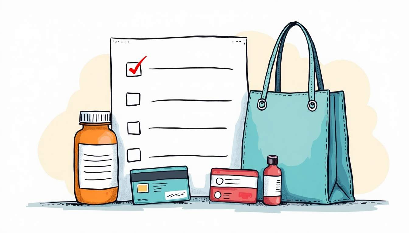 a well-organized checklist featuring essential items like a prescription bottle, insurance card, ID, and a reusable tote bag, all set against a pharmacy backdrop, hand-drawn abstract illustration for a company blog, white background, professional, minimalist, clean lines, faded colors