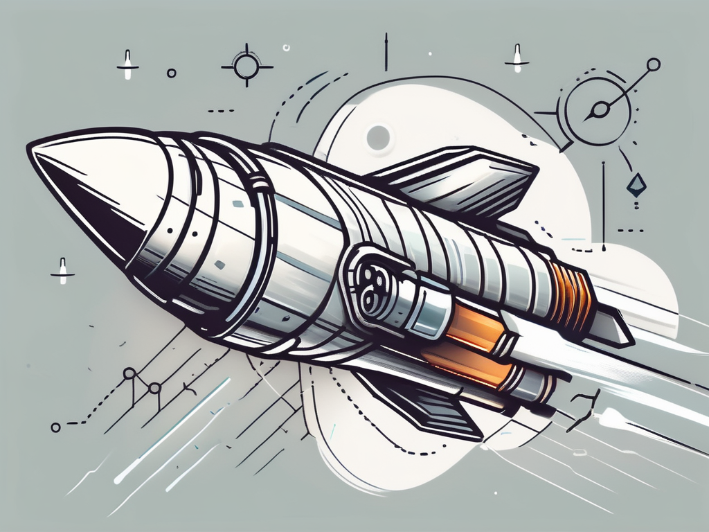 a sleek, shiny rocket (representing a Shiny App) soaring upward with various tools like a wrench and a gear (representing optimization and R development) surrounding it, hand-drawn abstract illustration for a company blog, white background, professional, minimalist, clean lines, faded colors