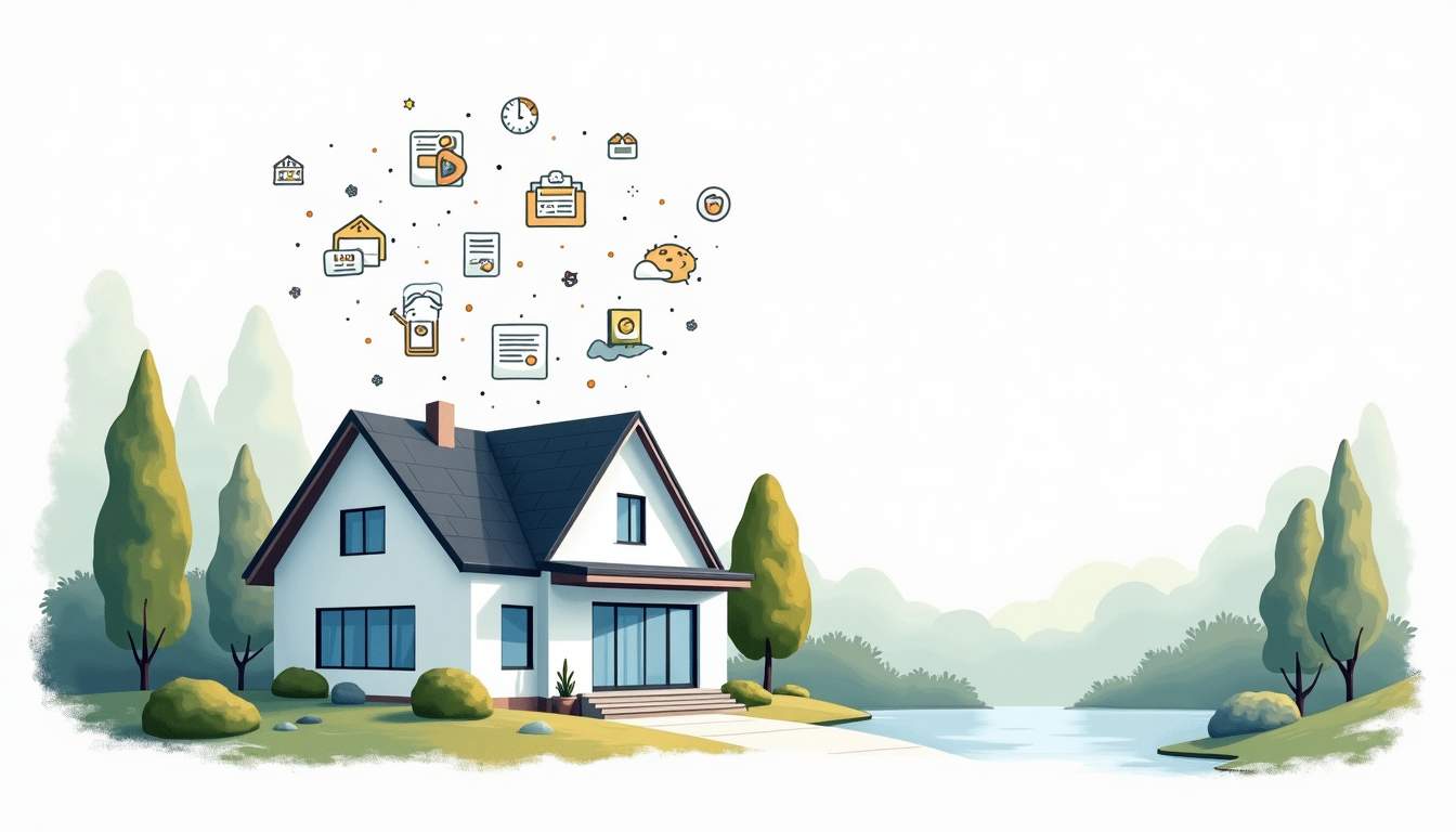 a serene landscape featuring a modern, smart home surrounded by nature, with various property management tools depicted as floating icons above the house, symbolizing freedom and reduced stress, hand-drawn abstract illustration for a company blog, white background, professional, minimalist, clean lines, faded colors