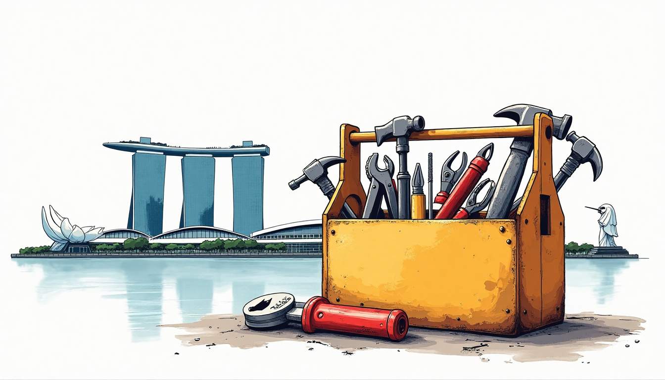 a toolbox filled with various handyman tools like a hammer, screwdriver, and pliers, set against a backdrop of a Singapore skyline, incorporating elements like the Marina Bay Sands and the Merlion to emphasize the location, hand-drawn abstract illustration for a company blog, white background, professional, minimalist, clean lines, faded colors