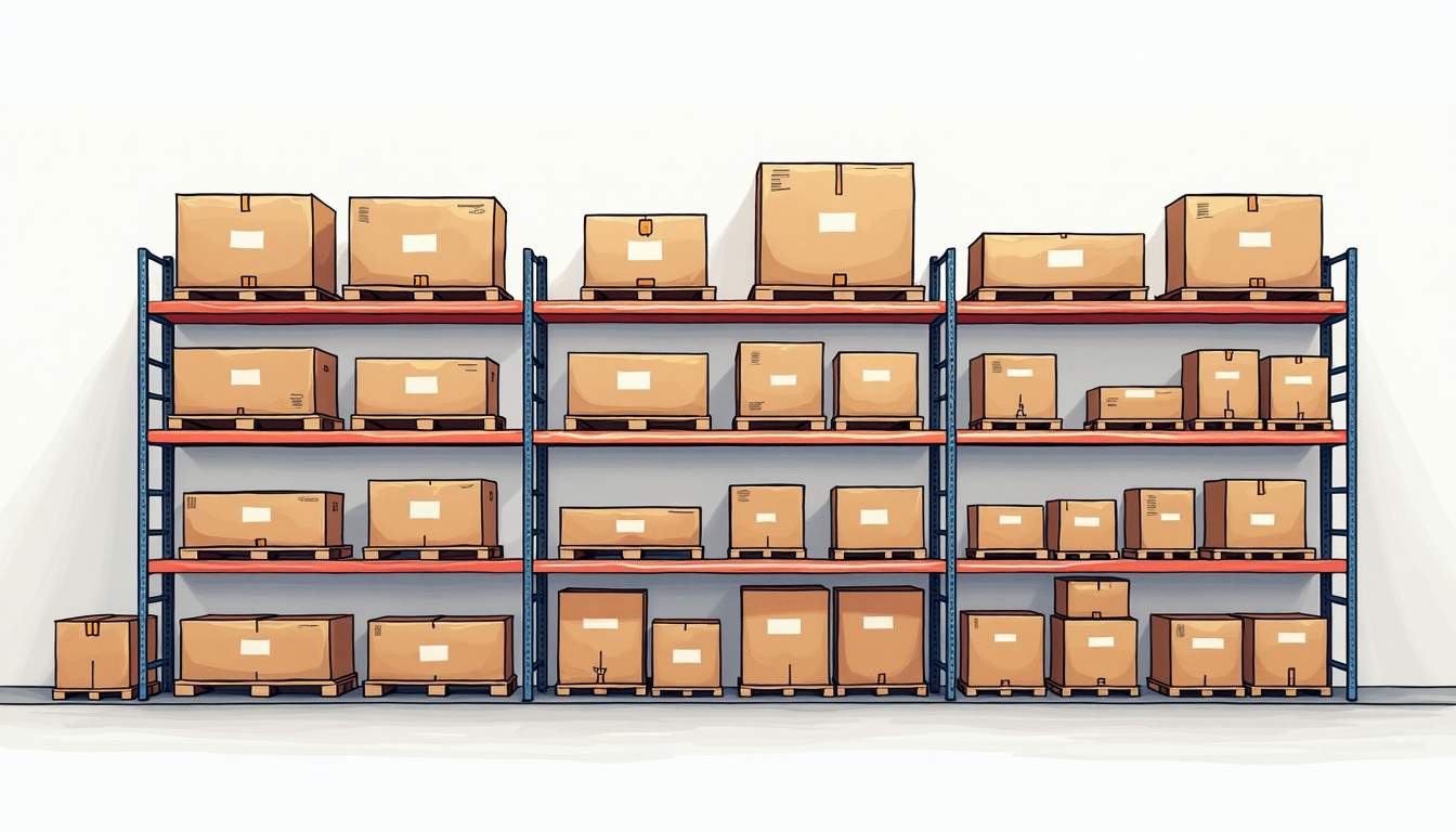 an organized storage unit filled with neatly stacked boxes and labeled shelves, showcasing a variety of inventory items, with a background that suggests a warehouse or industrial setting, hand-drawn abstract illustration for a company blog, white background, professional, minimalist, clean lines, faded colors