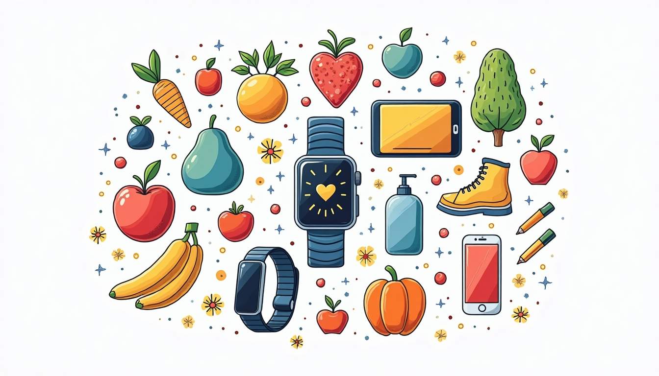 an array of interconnected health-related technology devices, such as smartwatches, fitness trackers, and health monitoring apps, surrounded by vibrant, life-like elements like fruits, vegetables, and exercise equipment to symbolize the integration of technology and wellness, hand-drawn abstract illustration for a company blog, white background, professional, minimalist, clean lines, faded colors