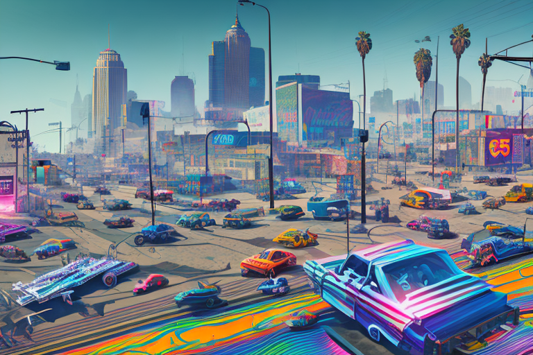 a variety of customized vehicles and weapons, all with unique and exaggerated modifications, scattered across the vibrant and chaotic cityscape of GTA 5, hand-drawn abstract illustration for a company blog, in style of corporate memphis, faded colors, white background, professional, minimalist, clean lines