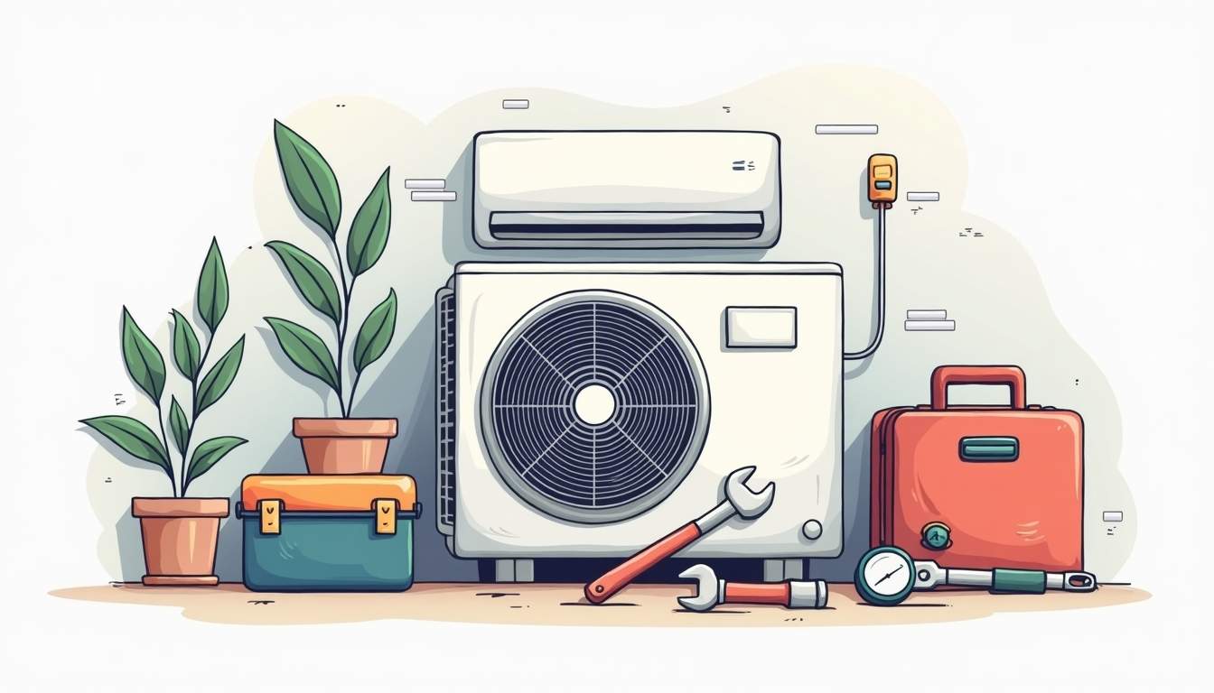 an air conditioning unit surrounded by tools and equipment commonly used for servicing, such as wrenches, gauges, and a toolbox, set against a backdrop of a clean, modern home environment, hand-drawn abstract illustration for a company blog, white background, professional, minimalist, clean lines, faded colors