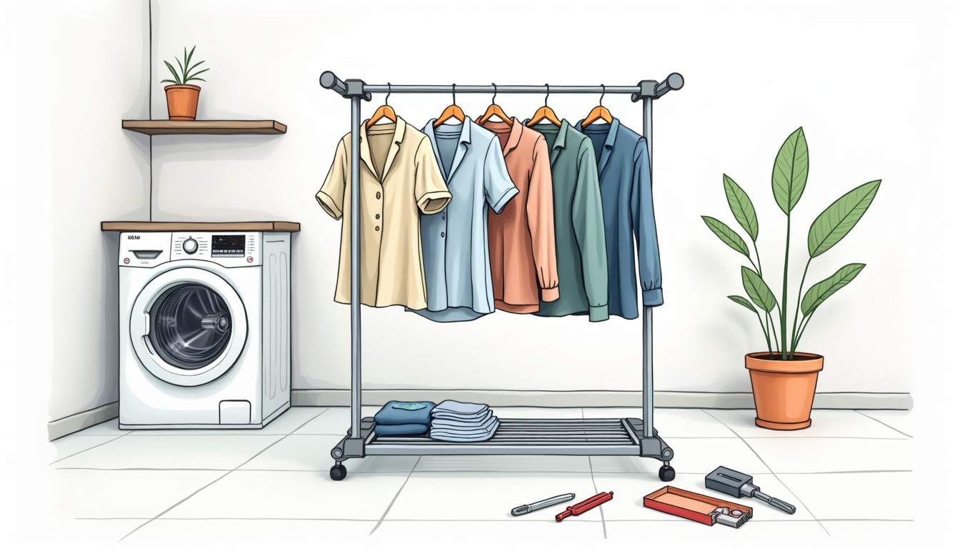 an automated laundry rack in a modern laundry room, showcasing its sleek design, adjustable features, and a variety of clothes hanging on it, with a focus on the installation process, including tools and components laid out nearby, hand-drawn abstract illustration for a company blog, white background, professional, minimalist, clean lines, faded colors