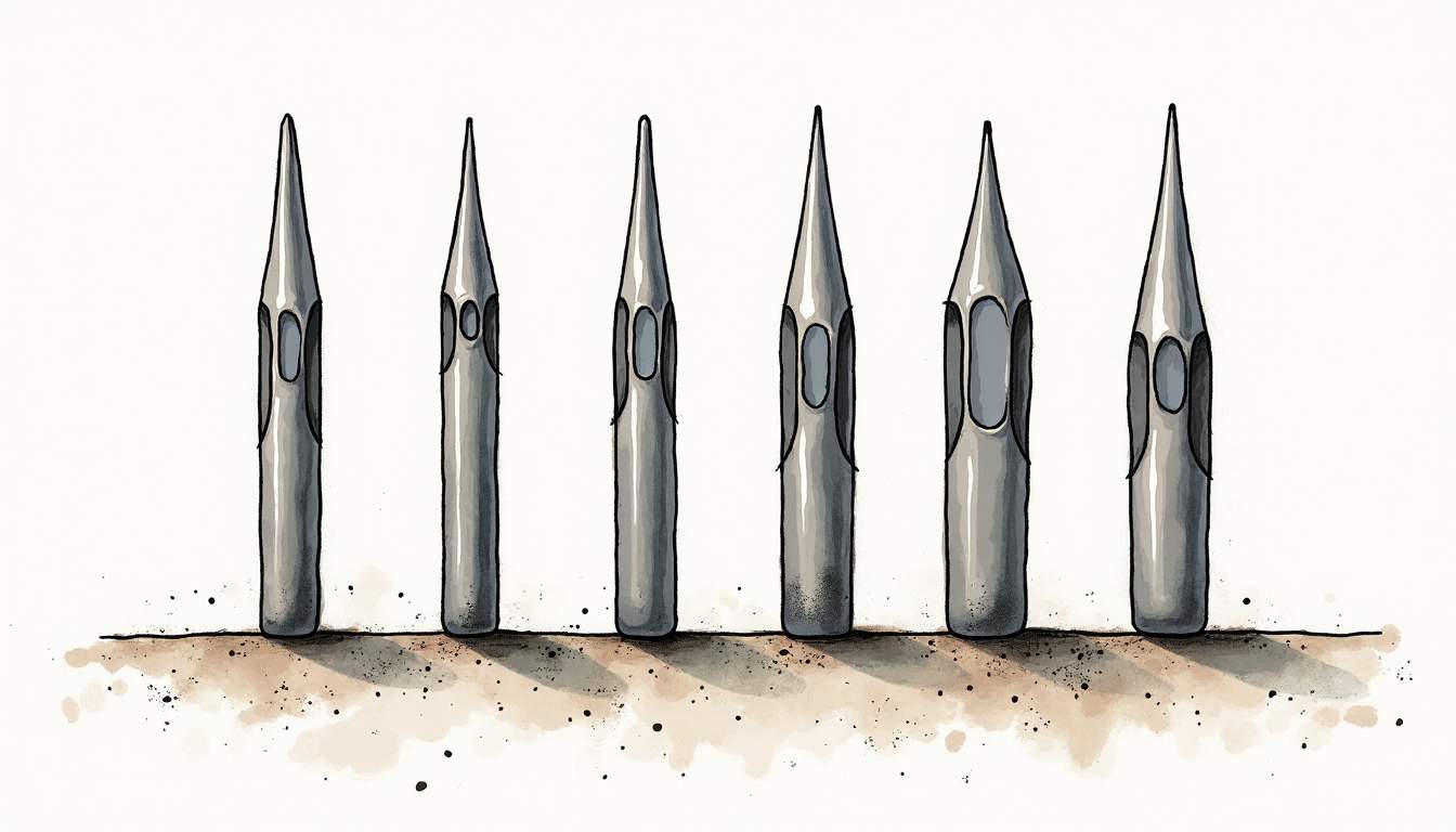 an assortment of tattoo needles and their respective tips, highlighting the distinct shapes and sizes of round liners, round shaders, magnums, and flat needles, arranged aesthetically on a textured surface to emphasize their differences, hand-drawn abstract illustration for a company blog, white background, professional, minimalist, clean lines, faded colors