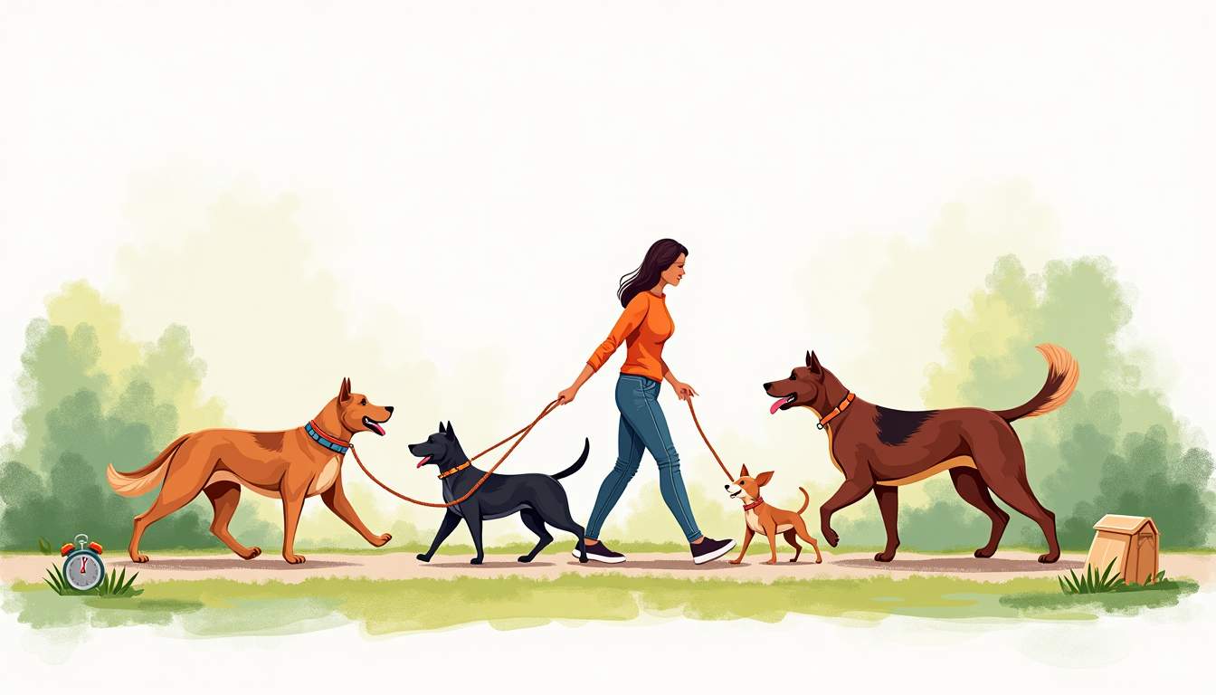 a variety of dog breeds happily walking on leashes along a scenic park path, with a few dog-walking accessories like colorful collars, waste bags, and a stopwatch to symbolize the concept of dog walking services and their costs, hand-drawn abstract illustration for a company blog, white background, professional, minimalist, clean lines, faded colors