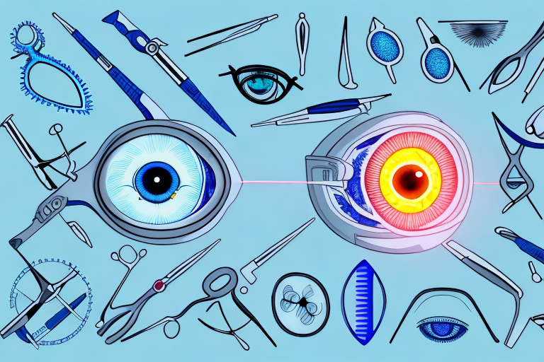 various laser eye surgery tools next to a stylized, anatomical diagram of an eye, highlighting different areas affected by different types of surgeries, hand-drawn abstract illustration for a company blog, in style of corporate memphis, faded colors, white background, professional, minimalist, clean lines