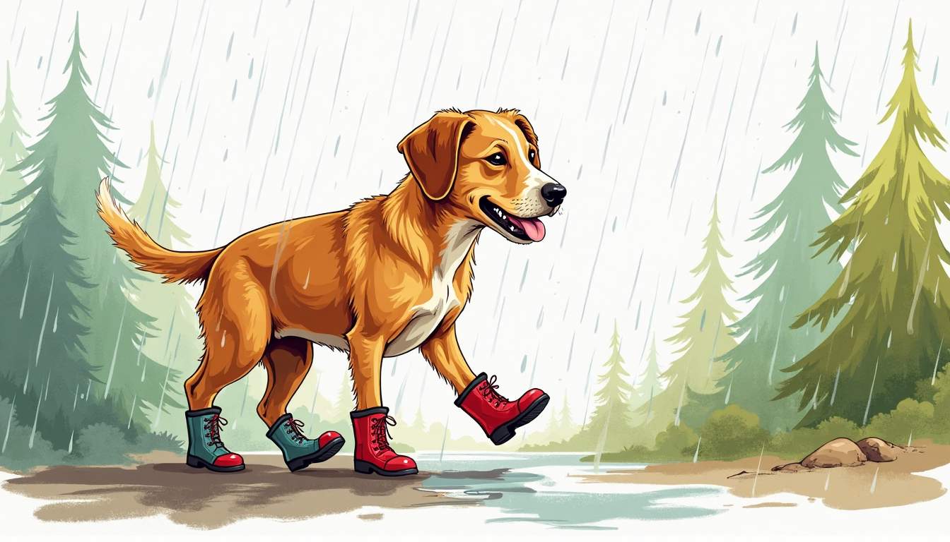 a playful dog happily walking on a rainy day, wearing colorful dog shoes that protect its paws from puddles and mud, with a vibrant landscape of trees and raindrops in the background, hand-drawn abstract illustration for a company blog, white background, professional, minimalist, clean lines, faded colors