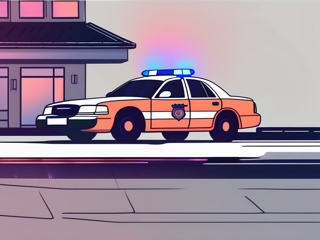 a car at night with vibrant underglow lights, with a police car in the background, emphasizing the legality aspect, hand-drawn abstract illustration for a company blog, white background, professional, minimalist, clean lines, faded colors