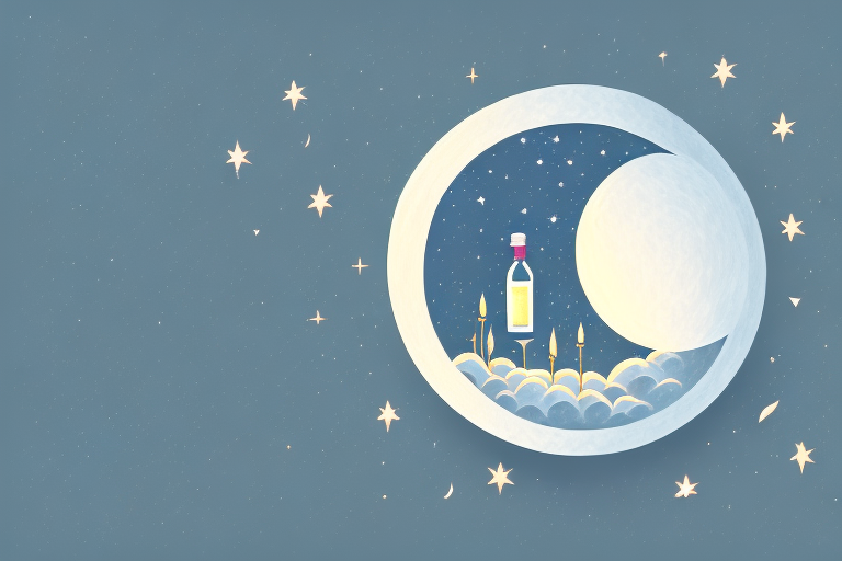 a bottle of cold-pressed oil with feminine symbols, surrounded by a peaceful nighttime setting, including elements like a moon, stars, and a bed to symbolize sleep, hand-drawn abstract illustration for a company blog, in style of corporate memphis, faded colors, white background, professional, minimalist, clean lines