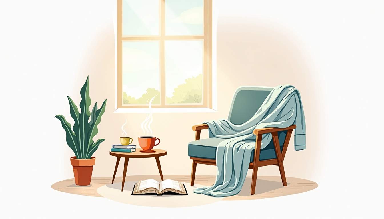 a serene morning scene featuring a cozy, lightweight cotton robe draped over a chair, with soft sunlight filtering through a window, illuminating a steaming cup of tea or coffee on a small table, surrounded by a few open books and a potted plant, hand-drawn abstract illustration for a company blog, white background, professional, minimalist, clean lines, faded colors
