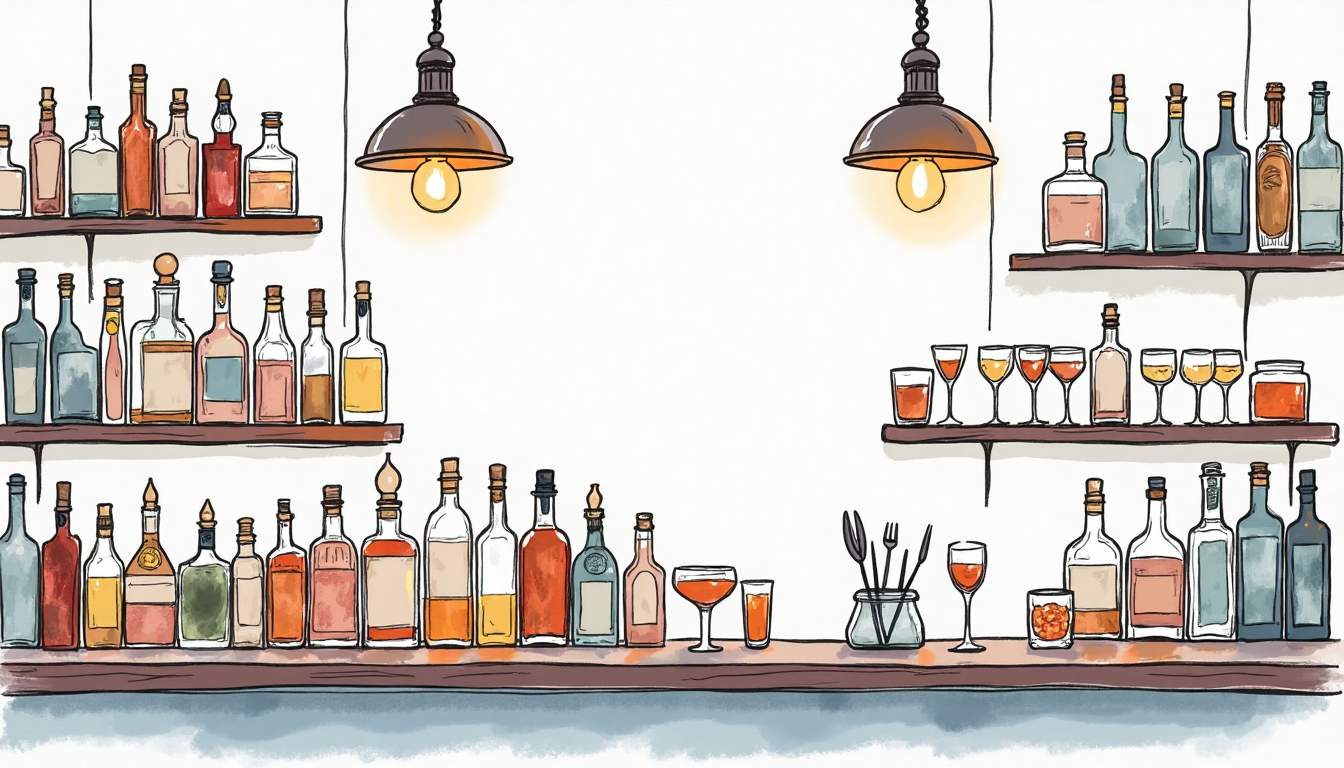 a stylish and well-organized bar area featuring a variety of liquor bottles, glassware, and bar tools, complemented by elegant lighting and decorative elements that create an inviting atmosphere for patrons, hand-drawn abstract illustration for a company blog, white background, professional, minimalist, clean lines, faded colors