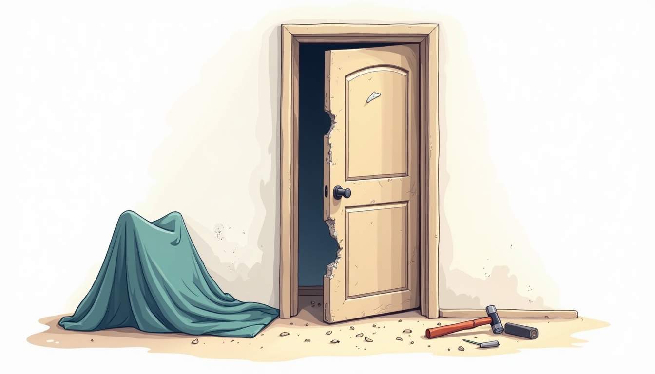 an emergency door repair scenario, featuring a damaged door with visible signs of wear and tear, tools like a hammer and screwdriver nearby, and a protective tarp covering the area to minimize further damage, hand-drawn abstract illustration for a company blog, white background, professional, minimalist, clean lines, faded colors