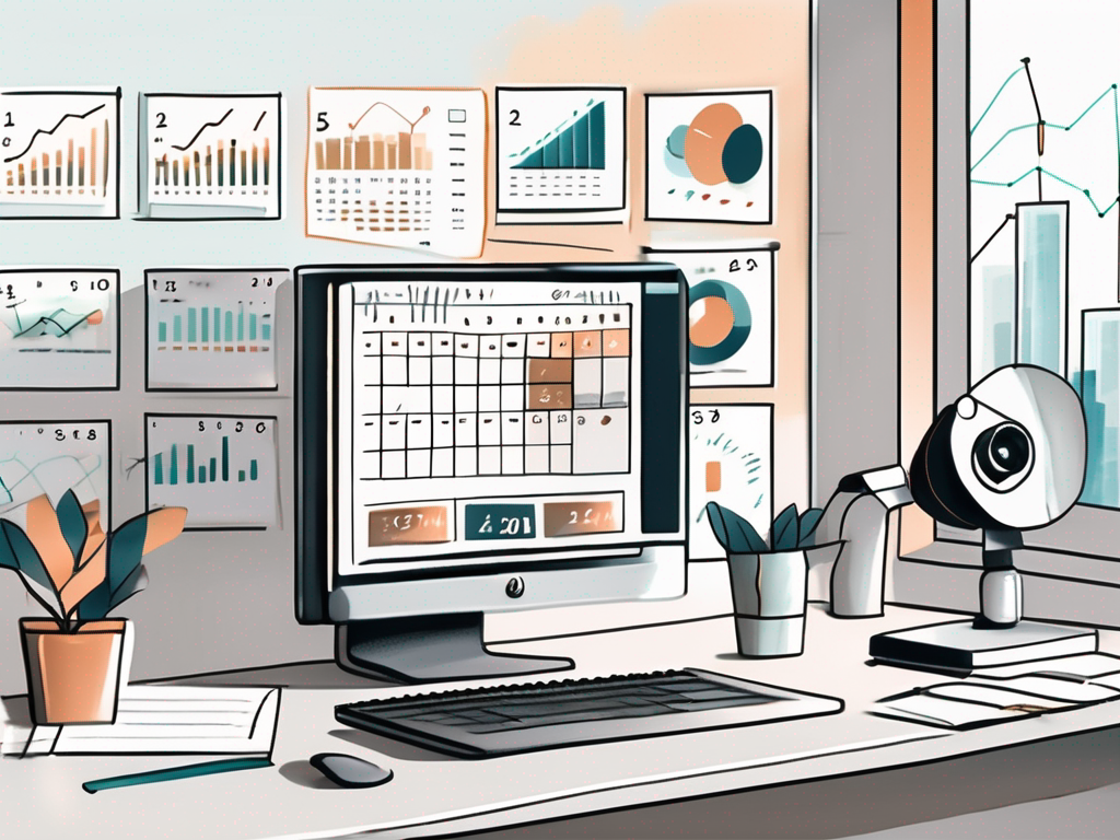 a camera, a calendar with different seasons represented, and a computer screen displaying graphs and charts, symbolizing CRM data analysis, hand-drawn abstract illustration for a company blog, white background, professional, minimalist, clean lines, faded colors