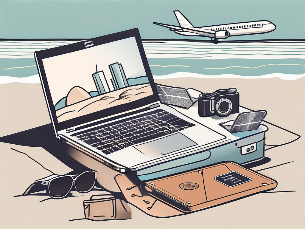 a laptop on a beach setting with iconic travel elements like a suitcase, passport, and airplane in the background, symbolizing the balance between work and travel, hand-drawn abstract illustration for a company blog, white background, professional, minimalist, clean lines, faded colors