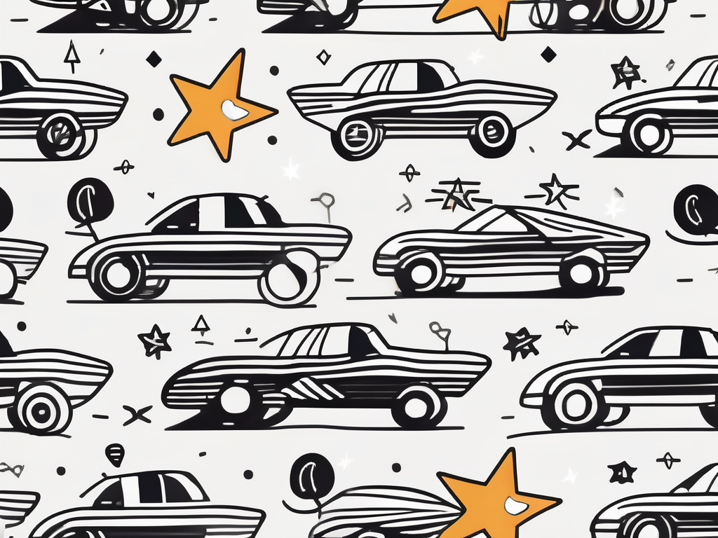 a vehicle wrapped in vibrant, attention-grabbing graphics, with a trail of symbols (like stars or dollar signs) behind it, symbolizing leads being generated, hand-drawn abstract illustration for a company blog, white background, professional, minimalist, clean lines, black and white