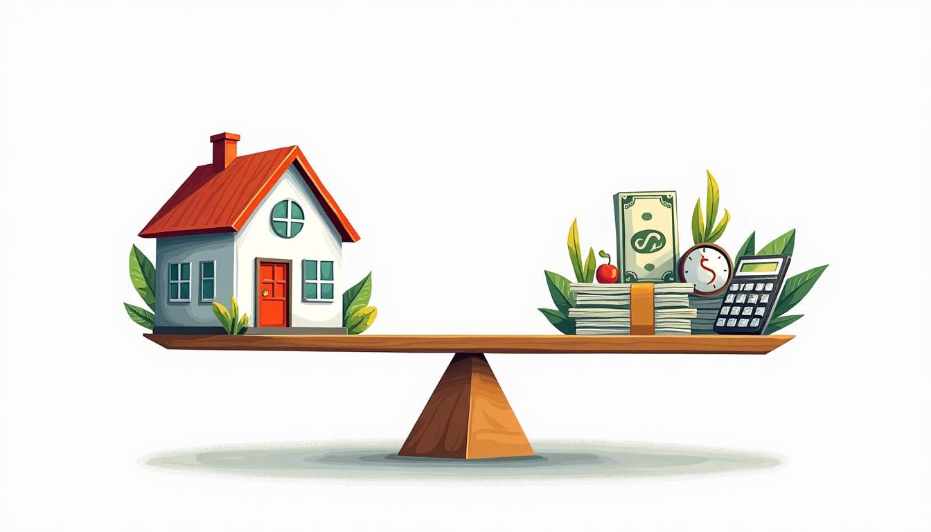 a balanced scale with a house on one side and various financial symbols (like a dollar sign, calculator, and bills) on the other, representing the concept of weighing true affordability before signing a lease, hand-drawn abstract illustration for a company blog, white background, professional, minimalist, clean lines, faded colors