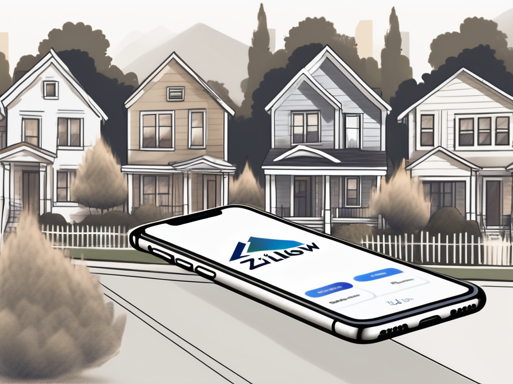 a smartphone displaying a property listing on a real estate app, with a few houses in the background, symbolizing the mobile usage of Zillow, hand-drawn abstract illustration for a company blog, white background, professional, minimalist, clean lines, faded colors