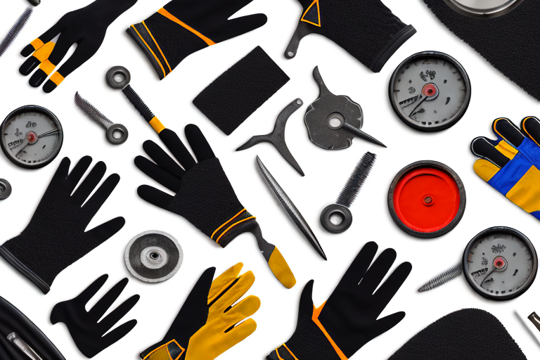 a variety of nitrile mechanics gloves with different textures and colors, positioned around a set of mechanic tools like wrenches, screwdrivers, and a toolbox, hand-drawn abstract illustration for a company blog, in style of corporate memphis, faded colors, white background, professional, minimalist, clean lines